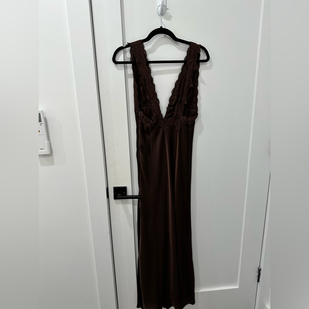 Rumored Brown Lace-Trim Maxi Dress